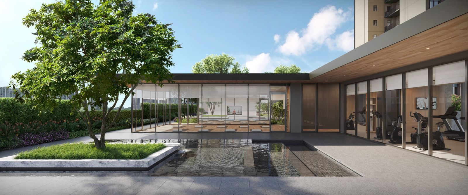 Tembusu Grand’s water ourtyard with view of the yoga studio and gymnasium