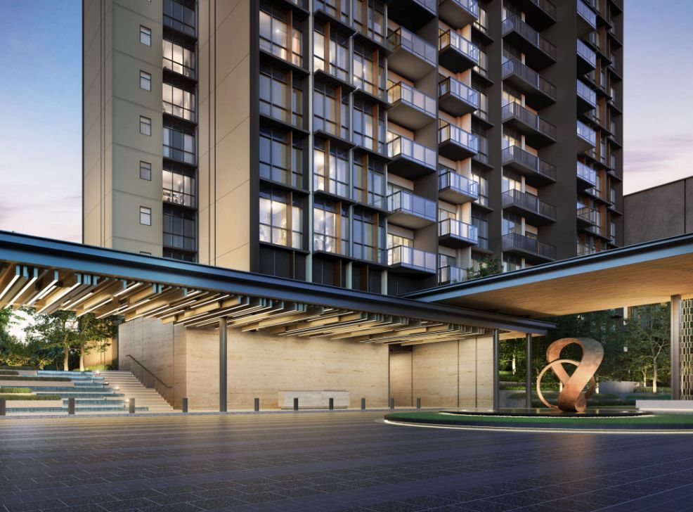 Lush greenery and water features in Tembusu Grand