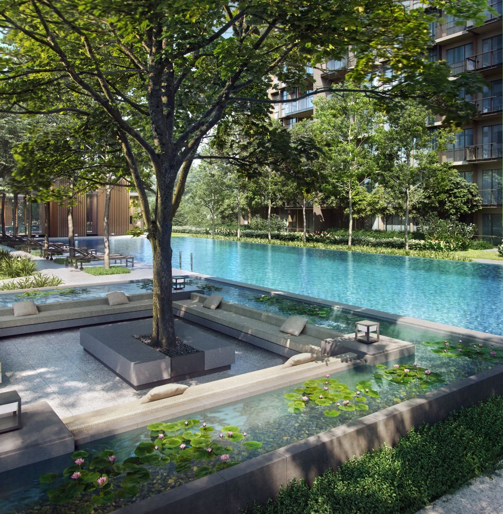 The Grand Club at Tembusu Grand, with lush greenery and modern lounge spaces